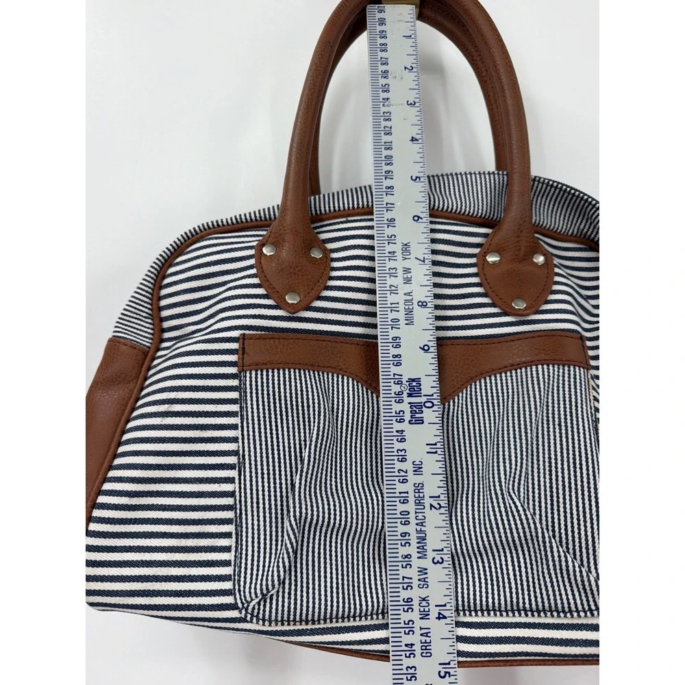 P. Blue Piel Pelle Striped Canvas Satchel Bag Navy White Brown C-22447A